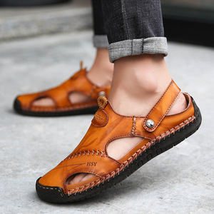 HSY Sandalias de cuero para hombre con punta abierta, planas, informales, transpirables, con suela de goma, zapatos de verano - Product Image 3