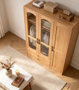 Armoire scandinave en bois avec portes vitrées, charnières, bois massif, autoportante, meubles de chambre à coucher modernes, 2 tiroirs - Product Image 2