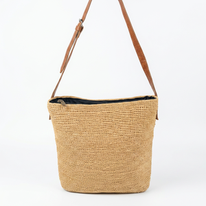Sac fourre-tout en raphia crocheté fait main grande capacité avec sangle en cuir, style bohème, sac de plage d'été, fermeture éclair supérieure, en coton - Product Image 1
