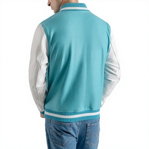 <b>Men's</b> Turquoise Varsity <b>Jacket</b> with White Sleeves Mandarin Collar Ribbed Trim Casual <b>Fleece</b> Outerwear Breathable Winter Wear - Product Image 3