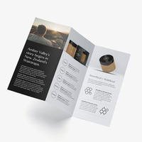 Échantillon de brochure produit pliée en trois avec logo personnalisé imprimé, papier couché/artistique, impression offset, pelliculage.