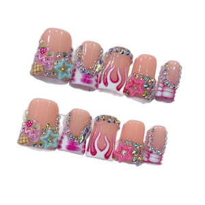 <span class=keywords><strong>Faux</strong></span> <span class=keywords><strong>Ongles</strong></span> Réutilisables en Acrylique Faits Main, Modèle Bec de Canard, <span class=keywords><strong>avec</strong></span> Strass 3D Glace, Étoile et Flamme, Style Français, Vente en Gros - Product Image 4