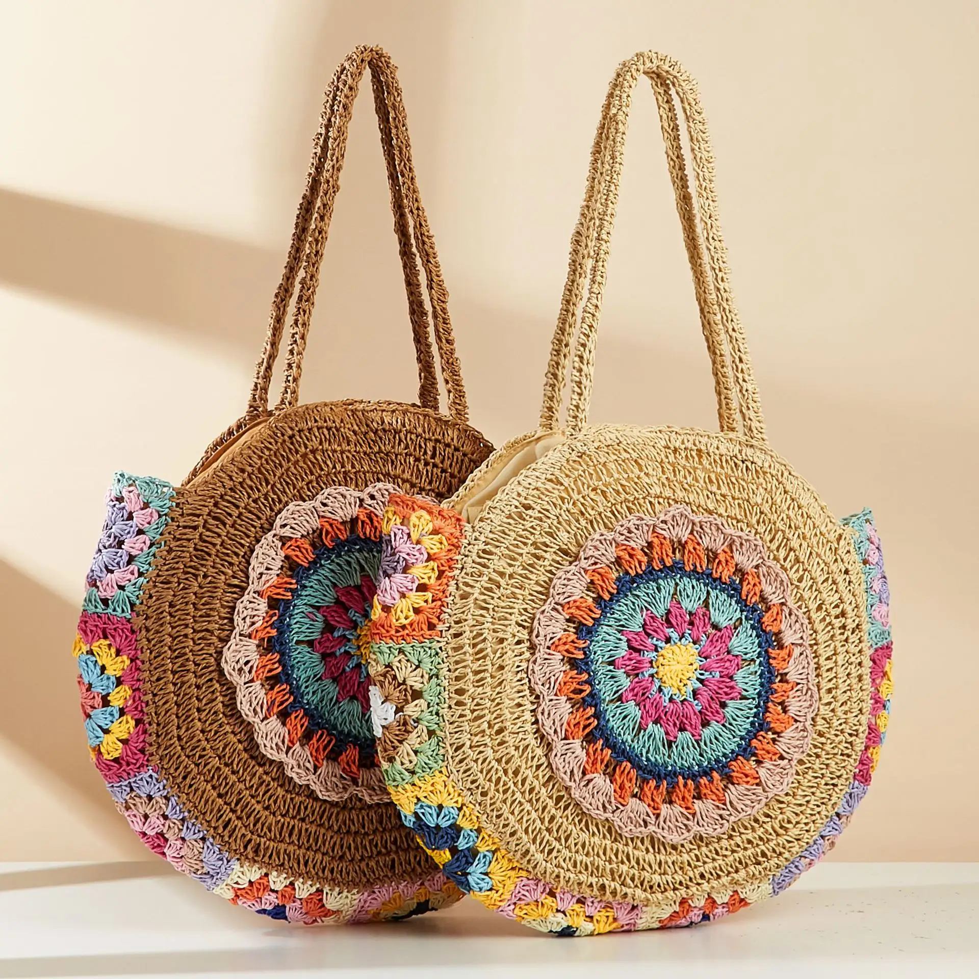 Femmes Vintage Large Summer Crochet Beach Purse Handbags Straw Tote Weave Shoulder Bag Round Straw Beach Bag