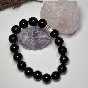 Bracciale in <span class=keywords><strong>ossidiana</strong></span> nera naturale da 10 mm con ciondolo in argento da 7 mm, pietra energetica curativa, gioiello protettivo per uomo e donna, 17 cm - Product Image 6