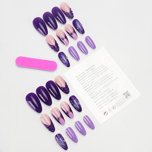Faux ongles français ABS nude violet foncé, ongles à presser en amande avec motifs linéaires, réutilisables, 24 pièces - Product Image 4