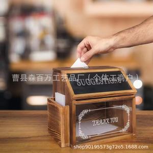 Caja de donaciones de madera con pizarra y frente de vidrio para uso en restaurantes, bares y cafeterías - Product Image 2