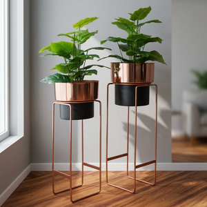 Support à fleurs moderne en métal avec finition cuivrée pour plantes vertes d'intérieur, design minimaliste, décoration intérieure - Product Image 1