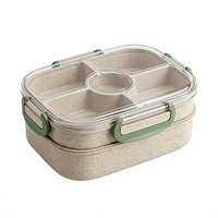 Boîte à lunch bento écologique en paille de blé, 2 étages, conteneur alimentaire portable, 3 compartiments pour le bureau et l'école