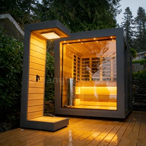 Sauna extérieur en <span class=keywords><strong>bois</strong></span> de cèdre rouge massif avec <span class=keywords><strong>douche</strong></span>, doté de rayons infrarouges modernes combinés à un chauffage électrique traditionnel - Product Image 1