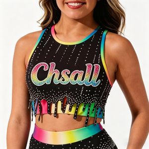 Top <span class=keywords><strong>con</strong></span> Orlo Tagliato al Laser e Stampa Arcobaleno, Logo Personalizzato <span class=keywords><strong>con</strong></span> Strass, Magliette e Top per Allenamento Cheerleading, Uniforme - Product Image 2