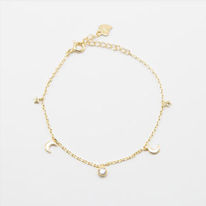 925 Sterling Silver Adjustable <b>Bracelet</b> with Star and <b>Moon</b> Charms Real Gold Plated Chain Trendy Religious Style for Gift - Product Image 1
