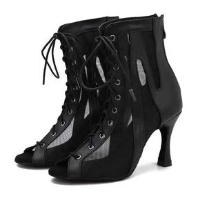 Petites tailles maille à lacets <span class=keywords><strong>talon</strong></span> haut femmes <span class=keywords><strong>bottines</strong></span> confortables noires professionnelles bottes de danse latine - Product Image 1
