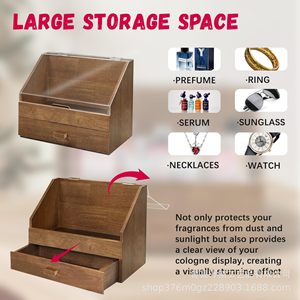 Wooden Storage <b>Box</b> With Drawer Dust Cover For Watches Glasses <b>Makeup</b> Organizer Brown Solid Wood Dressing Table Organizer - Product Image 4
