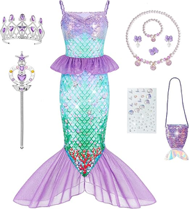 Costume da <span class=keywords><strong>sirena</strong></span> viola chiaro per ragazze - Vestito da piccola <span class=keywords><strong>sirena</strong></span> con gioielli e borsa, vestito da principessa per ragazze, regalo <span class=keywords><strong>di</strong></span> compleanno 3-12 anni - Product Image 1