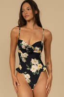 Maillot de bain une pièce à imprimé floral pour femme, avec torsion devant, ourlet à volants, coupe haute et décoration florale 3D