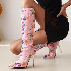 Classic Embroidered Shoes <b>Boots</b> Floral Print Sexy Lady's High Heel <b>Boots</b> Dress Shoes Pointy Toe Knee High Size 43 - Product Image 3