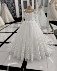 Elegante abito da ragazza con fiore in pizzo bianco per matrimonio in <span class=keywords><strong>Tulle</strong></span> a manica lunga lunghezza pavimento per bambini prima comunione spettacolo <span class=keywords><strong>di</strong></span> compleanno abito da ballo - Product Image 1