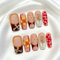 Ongles carrés avec coins arrondis, rouge, French manucure brillante, faux ongles à presser, ABS, faits à la main, 10 pièces, ongles carrés avec fleurs 3D