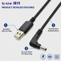 Cable de Alimentación USB 2.0 a DC 3.5x1.35mm, Conector en Ángulo de 90 Grados, Exterior Trenzado de Nailon, Personalizado