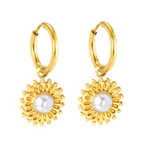 Pendientes colgantes de moda, aros dorados con forma de flor, imitación de perlas con engaste en bisel, joyería de acero inoxidable para fiestas, para mujer. - Product Image 5