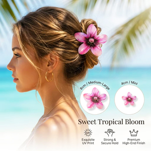 Lot de 3 pinces à <span class=keywords><strong>cheveux</strong></span> Coquette Plumeria 8cm 4cm en résine rose doux imprimée UV, motif Frangipani Duo, accessoire de coiffure Maman et Moi - Product Image 1