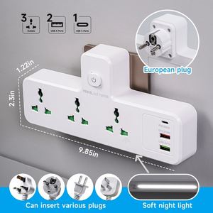 Universal International Power Strip: Colokan EU/UK/US dengan <span class=keywords><strong>3</strong></span> Stopkontak +2 USB+1 Tipe C, Perlindungan dari Lonjakan Arus untuk Rumah Kantor dan Perjalanan - Product Image 1