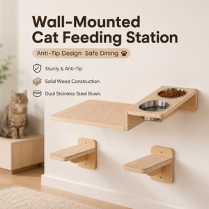 Estante de Alimentación para Gatos Montado en la <span class=keywords><strong>Pared</strong></span> con Cuencos Elevados, Percha Flotante, Escalones de Escalada, Mueble de Madera Maciza, Personalizado OEM ODM - Product Image 1