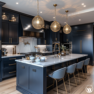 Meubles de <span class=keywords><strong>cuisine</strong></span> shaker de luxe bleu marine VSME avec îlot en marbre, ensemble complet en alliage d'aluminium - Product Image 1