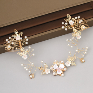Peignes à cheveux doubles en alliage d'or avec feuilles, strass et perles, bandeau pour mariée, accessoires de <span class=keywords><strong>mariage</strong></span>, bijoux de mariée - Product Image 2