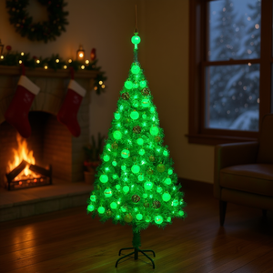 Árbol de Navidad Artificial de 47.2 Pulgadas Preiluminado con Luces LED Verdes y Juego de Bolas, Luces Festivas para Decoración del Hogar - Product Image 2