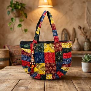 Bolso Tote de Mujer Hecho a Mano, Estilo Boho Kantha, de Algodón Multicolor Vintage, Color Sólido, Cierre Abierto, Portátil, con Dos Asas, para Verano e Invierno - Product Image 2