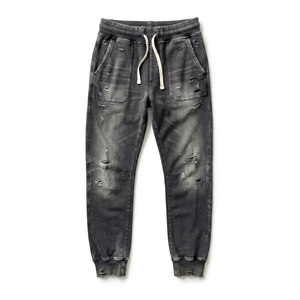 Gray Washed Denim Loose Fit Jogger Pants Ripped Casual <b>Trousers</b> Elastic Waist Drawstring Cargo Style 6XL for Men - Product Image 1