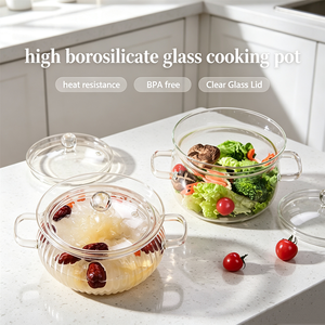 Accessoires de cuisine, articles sans BPA, fait main, transparent, rayures verticales, pot à ragoût en <span class=keywords><strong>verre</strong></span> borosilicate de haute qualité avec <span class=keywords><strong>couvercle</strong></span> et poignées - Product Image 3