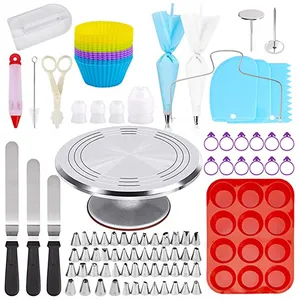 Conjunto de suprimentos de decoração de bolo, 145 peças, suporte giratório de alumínio moldes de cupcake espátulas e muitos mais decoração de bolo giratório