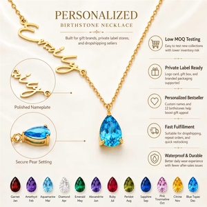 Collier personnalisé en acier inoxydable étanche avec pierre de naissance et nom, plaqué or PVD certifié CE RoHS, pour la vente en gros de bijoux en marque blanche - Product Image 1
