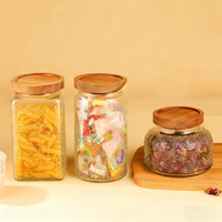 Pot en verre borosilicate gravé vintage avec couvercle en bois d'acacia, hermétique, moderne, pour épices, cadeaux, nourriture, bonbons, café