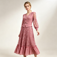 Robe plissée taille unique pour femme, manches longues lanternes, col en V ondulé, couleur unie, longueur midi, en dentelle, collection printemps-automne