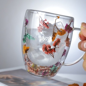 Tasses à thé <span class=keywords><strong>en</strong></span> <span class=keywords><strong>verre</strong></span> à double paroi isolées, résistantes à la chaleur, 300 ml, avec poignée, transparentes, fleurs séchées, mug à café pour expresso, latte - Product Image 5
