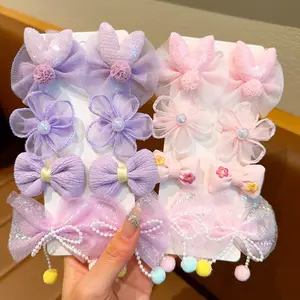 Jiamu Factory Price Children Bow Flower Rabbit Ear Hair Clips Set Cloth Lace 8Pcs/Set Hair Barrettes For Little Girls Kids