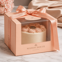 Boîte à gâteau de luxe personnalisée avec fenêtre transparente et ruban, emballage cadeau en carton rose premium, style pâtisserie française