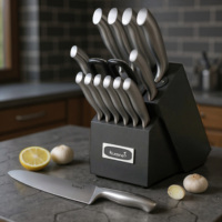 Ensemble de couteaux de cuisine Kuisine Black 15 pièces avec aiguiseur intégré, bloc à couteaux en acier inoxydable, couteau de chef ultra-affûté, couverts de cuisine