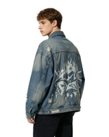 Blouson universitaire en jean épais délavé à l'acide, imprimé étoiles flamboyantes, col montant, style streetwear automne