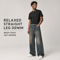 Jeans droits pour hommes en stock – Pantalon en denim ample coupe décontractée Y2K Streetwear Vintage délavé cinq poches avec anneau en D – Été Automne