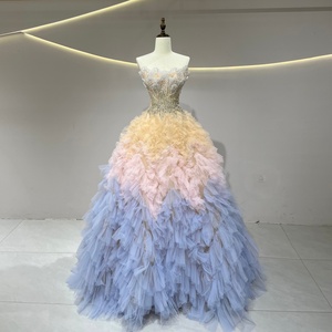 Robe de bal longue JFH78 unique et colorée, sans bretelles, avec décolleté cœur, en mousseline de soie, dentelle, perles, appliques et broderies - Product Image 1