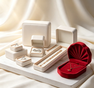 Ensemble complet de boîtes à bijoux en similicuir beige haut de gamme faites à la main avec fermeture magnétique, boîte à bagues carrée incluse - Product Image 6