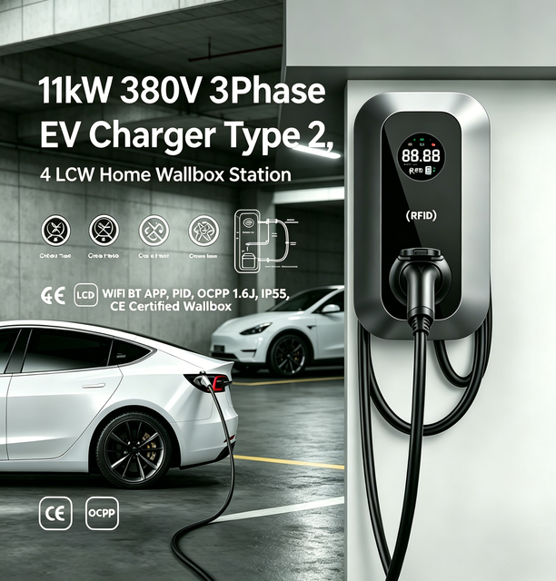 11kW 3 Phase Wall Mounted EV Charging Station 4 LCD WiFi  RFID OCPP 1.6J IP65 CE Approved