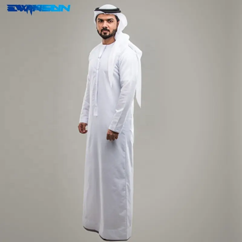 थोक मध्य पूर्व ओमान वस्त्र पुरुषों की thobe के लिए प्रार्थना कपड़े सफेद रंग पॉलिएस्टर दौर गर्दन अरब बागे ईद