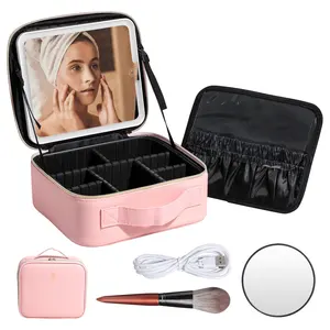 BS-MALL Portable Large Cosmetic Bag Organizer Logo personalizzato 3 impostazioni di colore borsa per il trucco impermeabile con specchio luminoso a LED