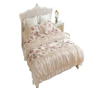 INS Vintage Cream Rose All Cotton Bed Set Four Piece Bed Skirt 1.8 Korean Soft Cotton Lace Quilt Cover