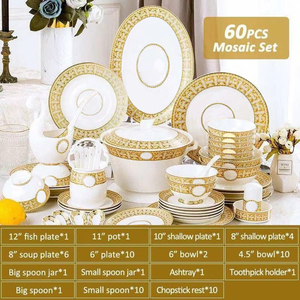 Juego de Vajilla de Porcelana China con Mosaico Dorado Estilo Occidental de 60 Piezas, Jingdezhen, Superventas - Product Image 3